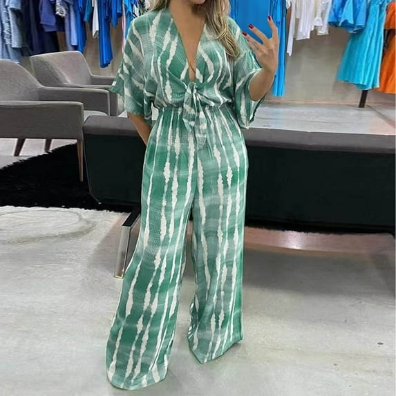 Casual Jumpsuit for Women Summer Loose Plunge Tie Knot Front Long Romper Elastic Waist Wide Leg Kimono Sleeve Outfits, Green, L