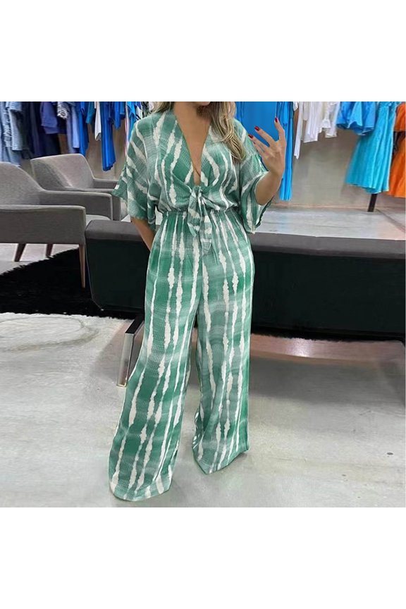 Casual Jumpsuit for Women Summer Loose Plunge Tie Knot Front Long Romper Elastic Waist Wide Leg Kimono Sleeve Outfits, Green, XL