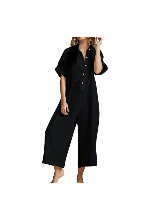 Casual Jumpsuits Romper for Women Summer Short Sleeve Button Down Pockets Overalls