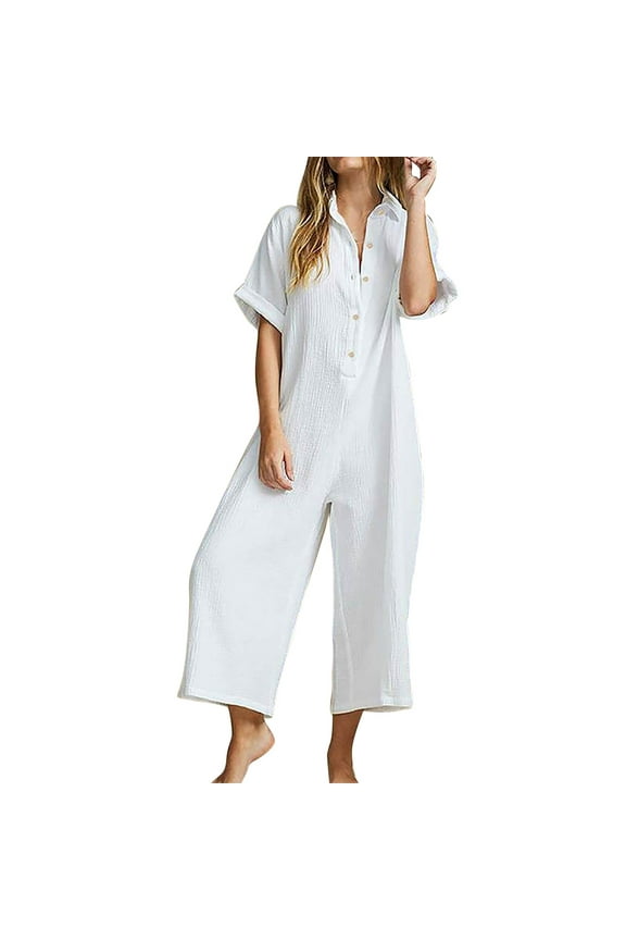 Casual Jumpsuits Romper for Women Summer Short Sleeve Button Down Pockets Overalls