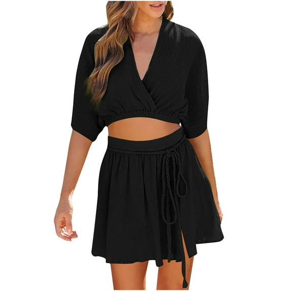 Casual Jumpsuits for Women Summer Women Two Piece Outfits Sets Summer Clothing Set Female V-Neck Short Sleeve Tops Pants Sets Cargo Pant Style S_934 Women's Tracksuits Black XL