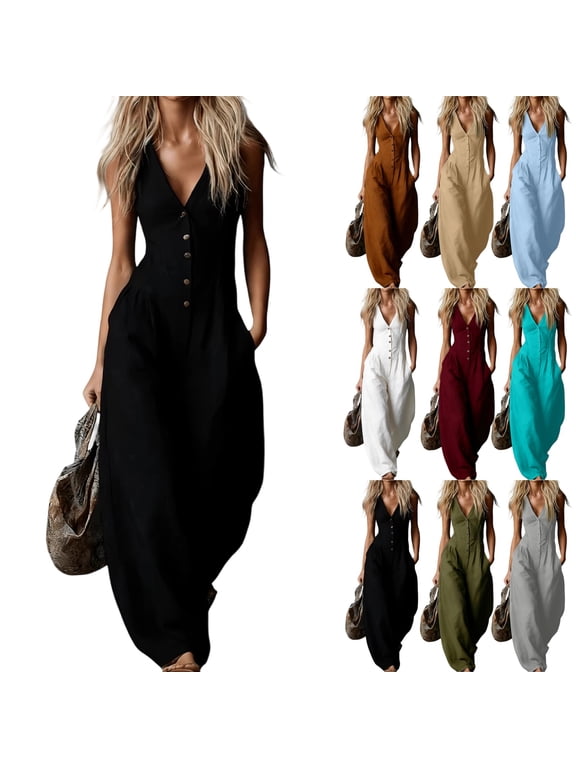 Casual Jumpsuits for Women Wide Leg Linen Button Down V Neck Summer Baggy Sleeveless Boho Relaxed Fit Fashion Rompers for Women with Pockets Black XXL