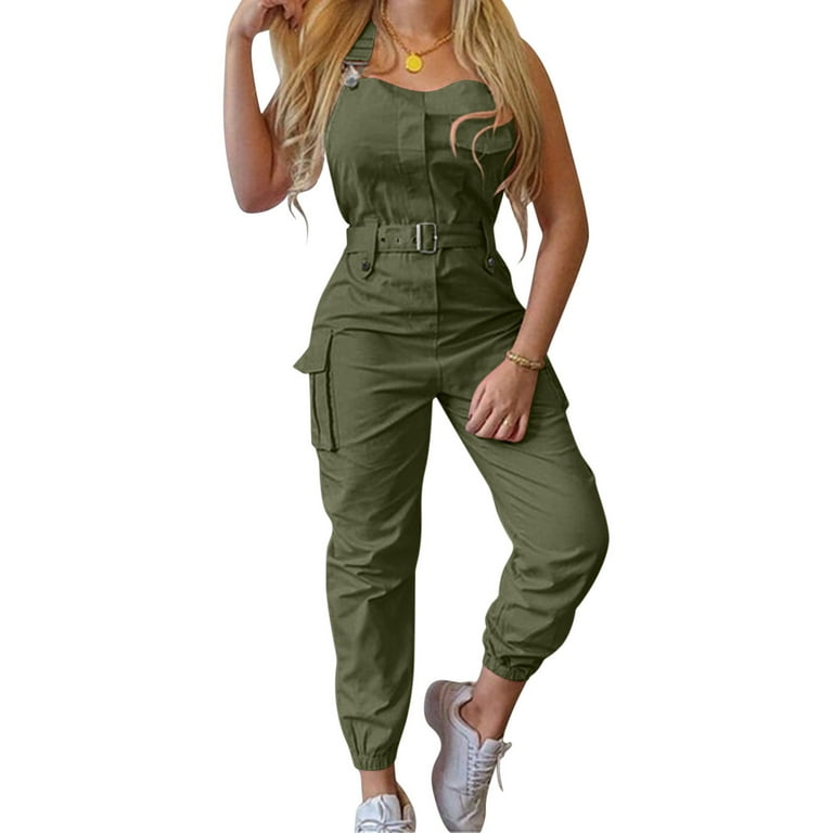 Lowprofile Casual Jumpsuits for Women Fashion Adjustable Back Strap Pants Solid Color Pocket Design Jumpsuit Rompers Overalls Women s Size XL Green