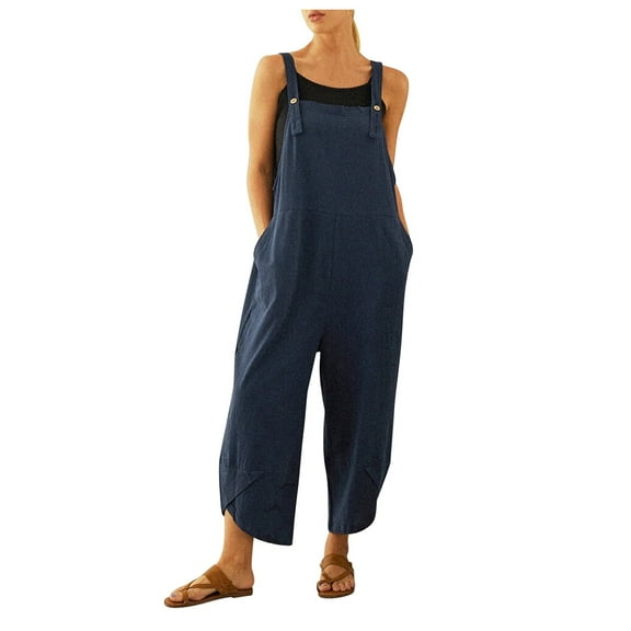 Casual Jumpsuits for Women Fashion Solid Pocket Long Playsuit Strap Button Jumpsuit Rompers Overalls