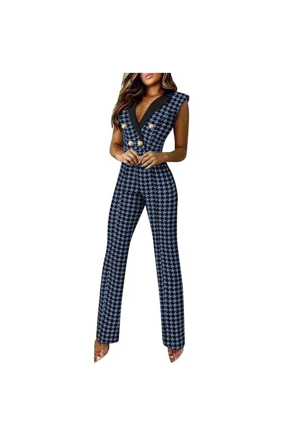 Casual Jumpsuits for Women Houndstooth Button Wear Sleeveless V-Neck Ladies Jumpsuit Rompers Overalls