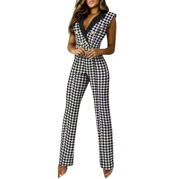 Casual Jumpsuits for Women Houndstooth Button Wear Sleeveless V-Neck Ladies Jumpsuit Rompers Overalls