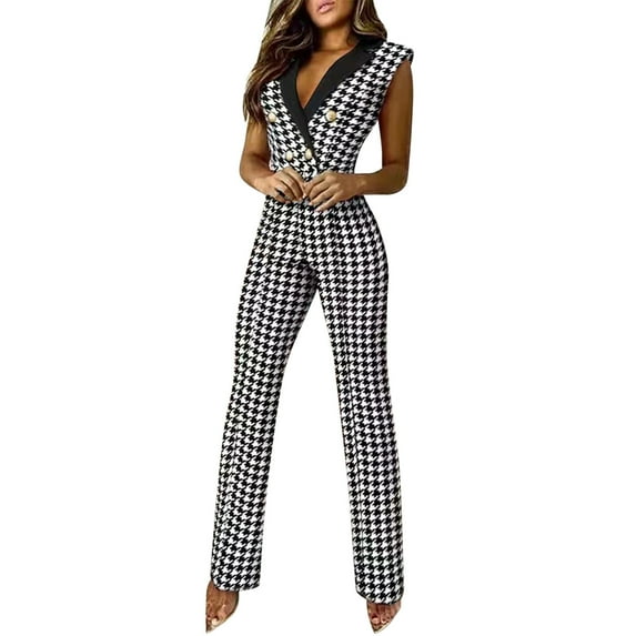 Casual Jumpsuits for Women Houndstooth Button Wear Sleeveless V-Neck Ladies Jumpsuit Rompers Overalls