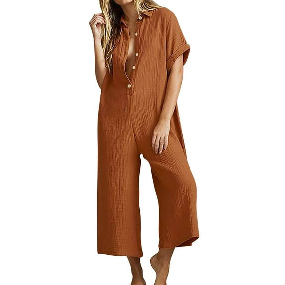 Casual Jumpsuits for Women Summer Short Sleeve Button Down Pockets Jumpsuit Rompers Overalls