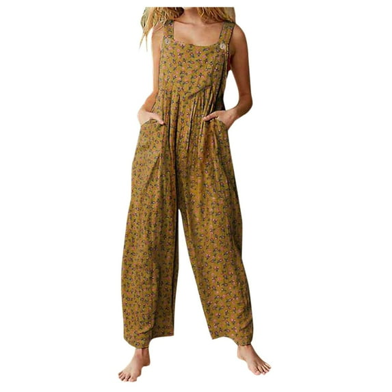 Casual Jumpsuits for Women with Wide Leg Pockets Straps Floral Vintage Prints Jumpsuit Rompers Overalls