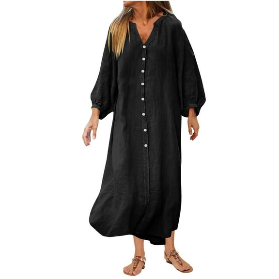 Casual Kaftan Dresses for Women Plus Size Cotton Linen Button Down Dresses Baggy Long Sleeve Casual Dresses Black, 3XL