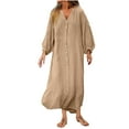 thumbnail image 1 of Casual Kaftan Dresses for Women Plus Size Cotton Linen Button Down Dresses Baggy Long Sleeve Casual Dresses Khaki, 2XL, 1 of 7