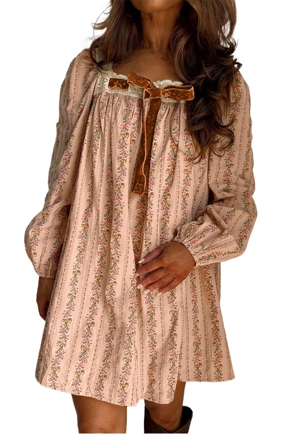 Casual Khaki Patchwork Floral Print Mini Dress for Women [ZhiHiMeRi] | L