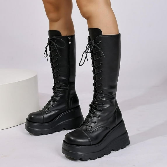 Casual Knee-High Boots, Women's British Style Long Boots, Solid Color, Lace-Up, Thick-Soled Wedge Heel, Perfect for Outdoor and Indoor Wear