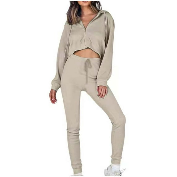 Casual Knit Full Zip Long Sleeve Crop Hoodies Outwear Sets Slim Fit Drawstring Joggings Outfits Solid 2PC Tracksuits Women