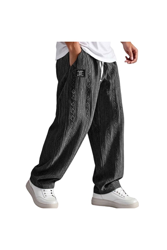 Casual Knit Joggers Straight Leg Loose Fit Drawstring Trousers With Jacquard Pattern For And Comfort/Black/L