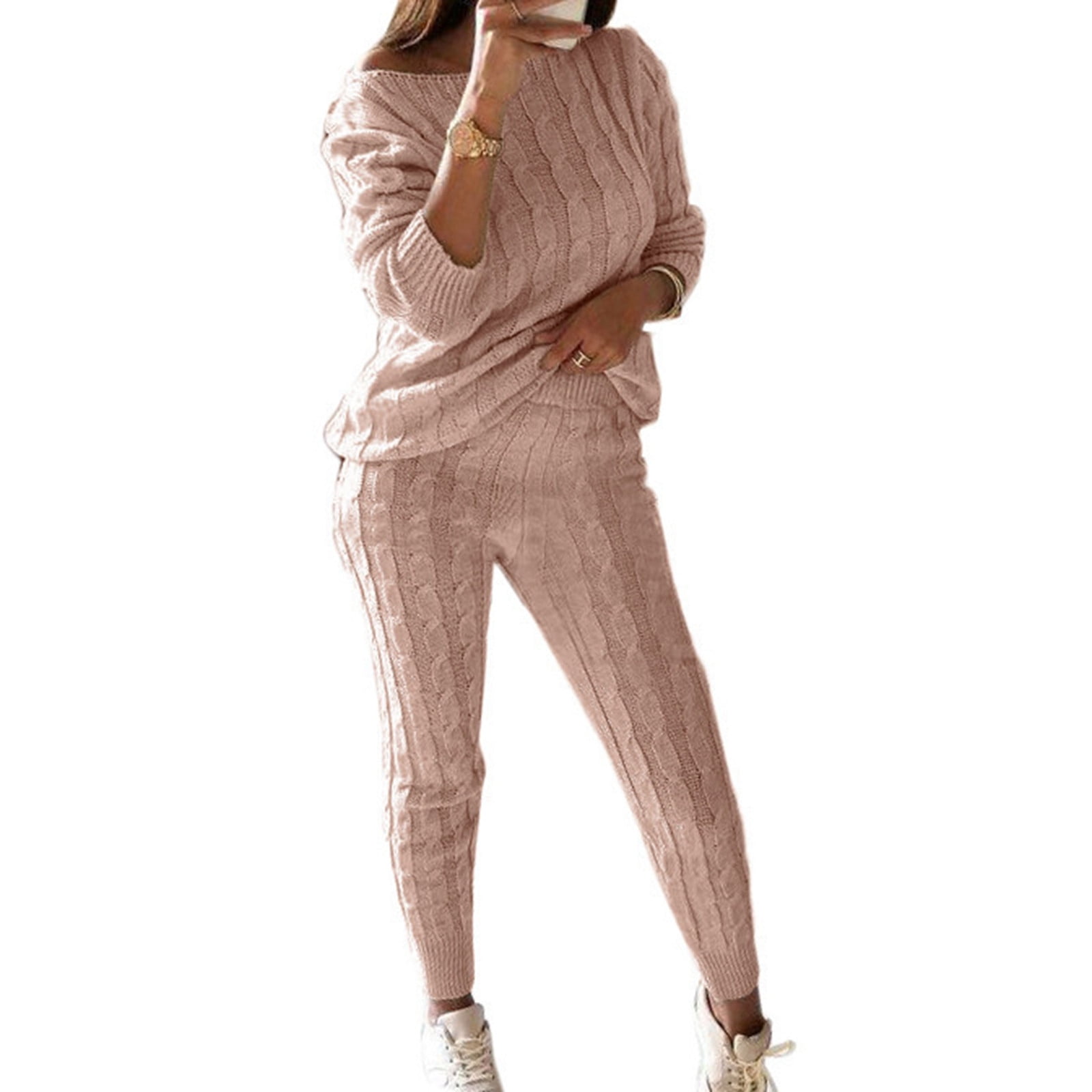 Womens Contrast Soft Knitted Casual Suit