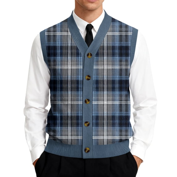 Casual Knit Vest for Men, V-Neck Button Closure Sleeveless Cardigan with Geometric Print Navy L