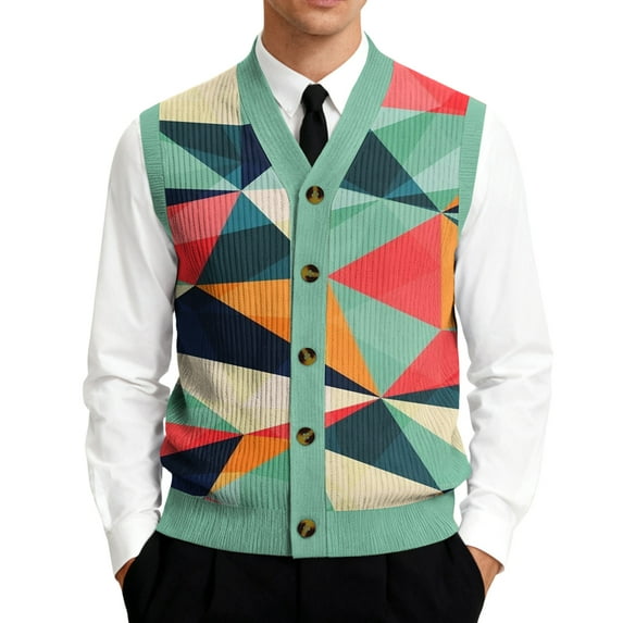 Casual Knit Vest for Men, V-Neck Button Closure Sleeveless Cardigan with Geometric Print Turquoise S