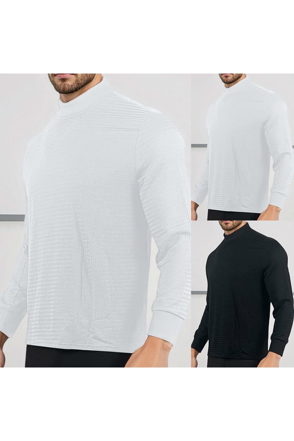 Casual Knitted T Shirt for Men Half Height Collar Water Ripple Tees Long Sleeve Basic Tops Black XXL
