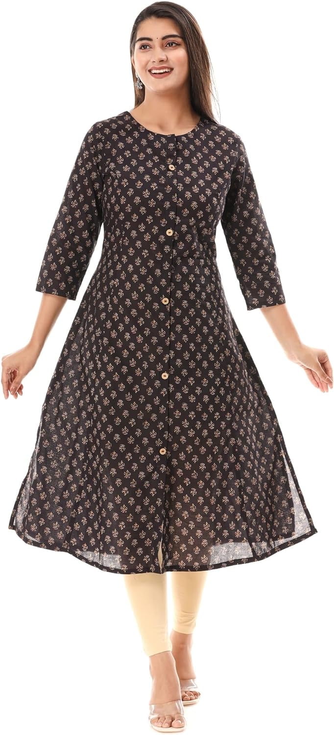 Women Black Printed 3/4Th Sleeve Cotton Low-High Kurta