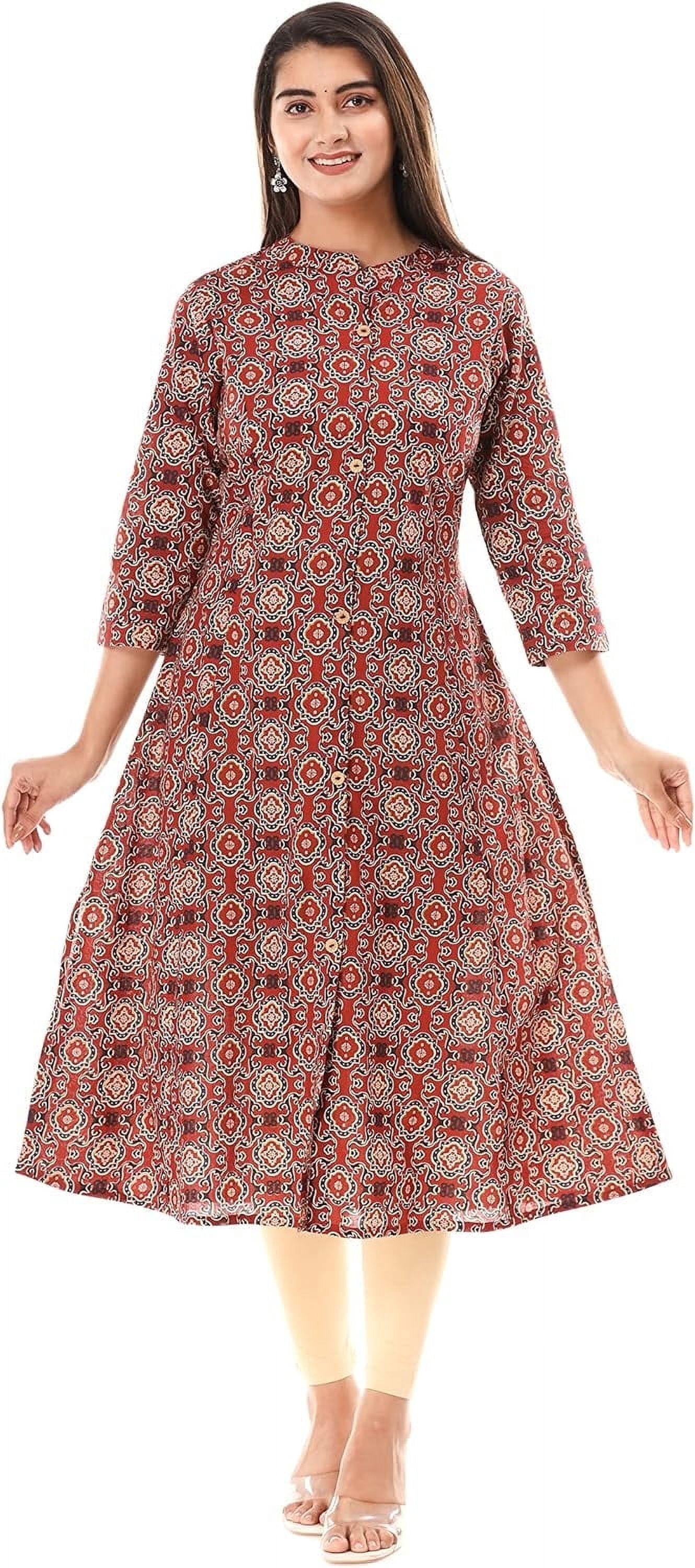 Kurti Donna Lungo Blu Floreale - Tunica Indiana In Cotone Con Maniche 3/4 - Abito Casual Estivo Taglie Forti - 2