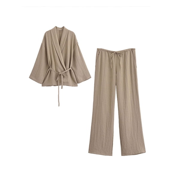 Casual Lace Up Pants Sets Women Loose V-neck Long Sleeve Shirts High Waist Wide Leg Pants Female Suit 2024 Summer Fashion Lady