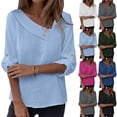 thumbnail image 1 of Casual Ladies Cotton Linen Tunic Tops Asymmetrical Slant V Neck Adjustable 3/4 Sleeve Button Decor Soft Breathable Summer Office Blouses, 1 of 9
