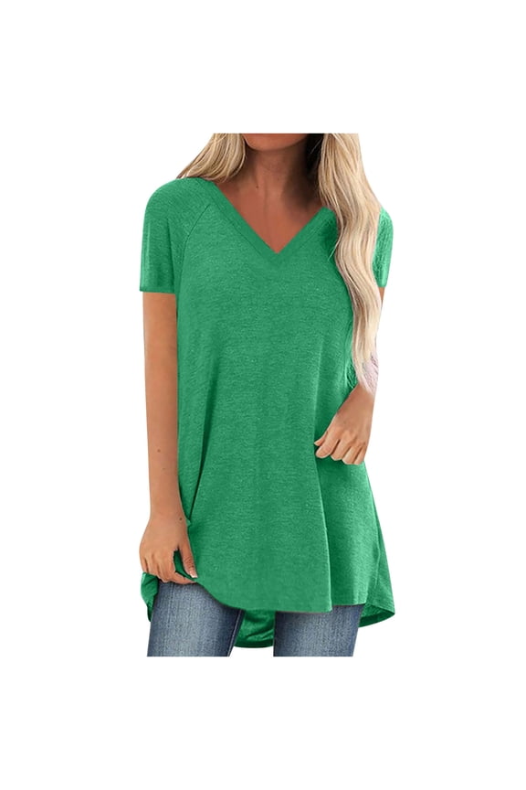 Casual Ladies Tops and Blouses,Long Tunic Tunic for Women to Wear with Leggings Short Sleeve V Neck Flowy Shirts Loose T-shirts Blouse