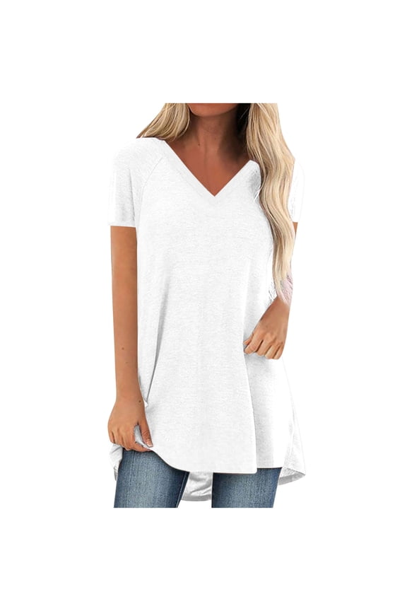 Casual Ladies Tops and Blouses,Long Tunic Tunic for Women to Wear with Leggings Short Sleeve V Neck Flowy Shirts Loose T-shirts Blouse