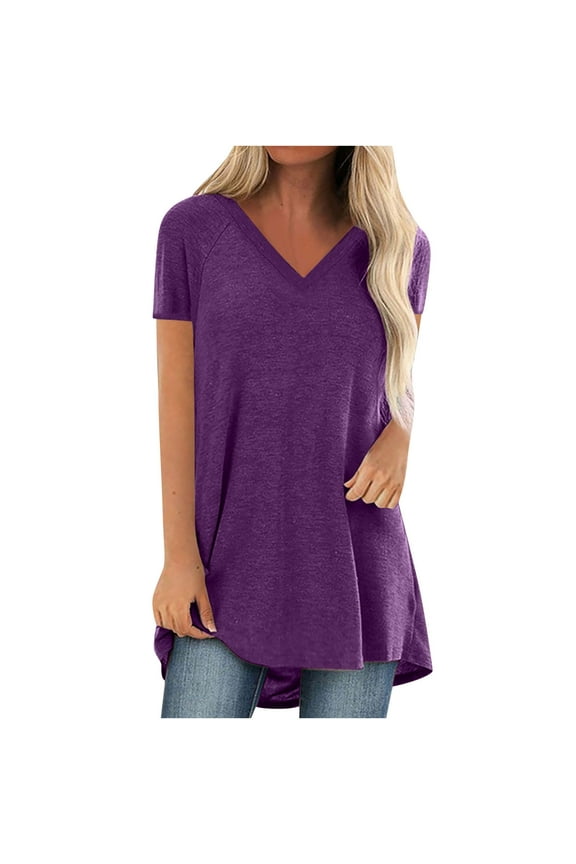 Casual Ladies Tops and Blouses,Long Tunic Tunic for Women to Wear with Leggings Short Sleeve V Neck Flowy Shirts Loose T-shirts Blouse
