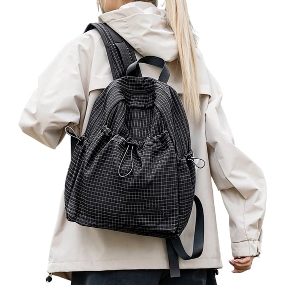Casual Large Capacity Backpack Backpack Checkered Nylon Daypack with Multi Compartments Ergonomic Shoulder Strap for Travel, Hiking, Work and Daily Use 2026 Back to School(Black,30X13X35CM)