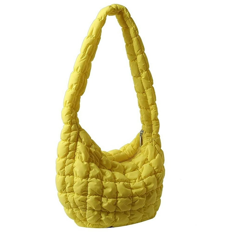 Casual Large Capacity Tote Shoulder Bags Designer Ruched Handbag Luxury  Nylon Quilted Padded Crossbody Bag Female Big Purse (Yellow)