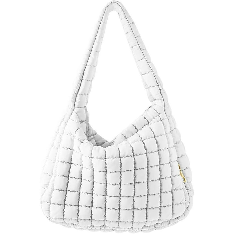 Casual Large Capacity Tote Shoulder Bags Designer Ruched Handbag Nylon  Quilted Padded Crossbody Bag Female Big Purse (White)