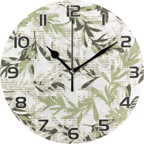 Casual Leaf Pattern Wall Clock Round Vintage Silent Non Ticking Battery Operated Accurate Arabic Numerals Design for Home Kitchen Living Room Bedroom Inch