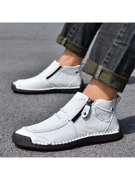 Casual Leather Ankle Boots, Women's Hand-Stitched Ankle Chukka Boots Side Zipper Orthopedic Leather Handmade Casual High Top Loafers Comfort Slip-On Outdoor Flat Walking Driving Shoes, White 8.5