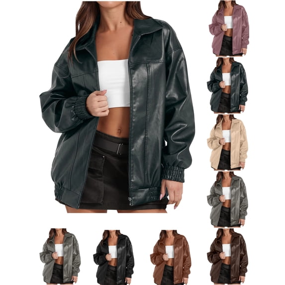 Casual Leather Jackets for Women Solid Color Leisure Long Sleeve Fashion Jackets Women's Non-Hooded Zip Up Jackets