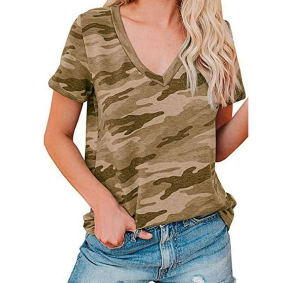 Casual Leopard Print Camo Print V Neck Short Sleeve T Shirt Women Shirt for Women Casual Summer Spandex Long Sleeve Shirt Women Long Sleeve Tee for Women Womens Short Sleeve Top Womens Athletic Tee