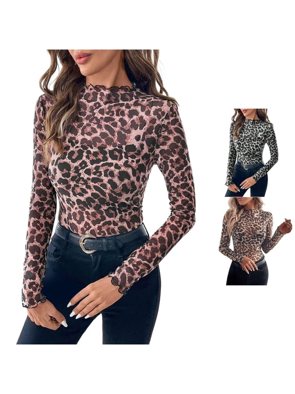 Casual Leopard Print Mesh Ruffle Long Sleeve Top for Everyday and Wear M