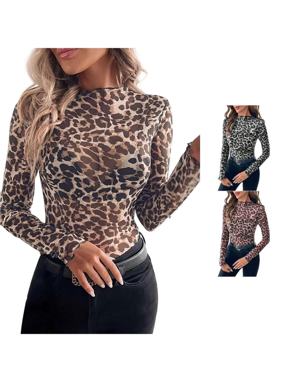 Casual Leopard Print Mesh Ruffle Long Sleeve Top for Everyday and Wear S