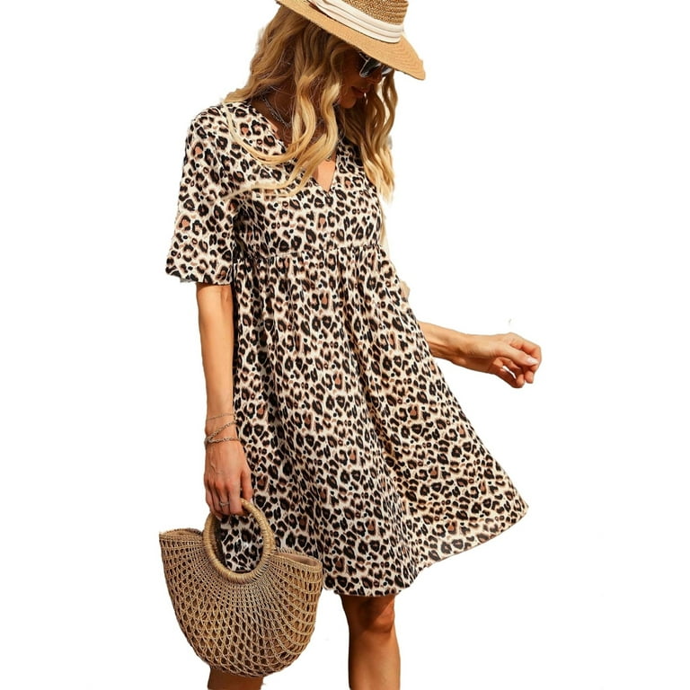 Casual Leopard Print V neck Smock Short Sleeve Multicolor Women Dresses Women s
