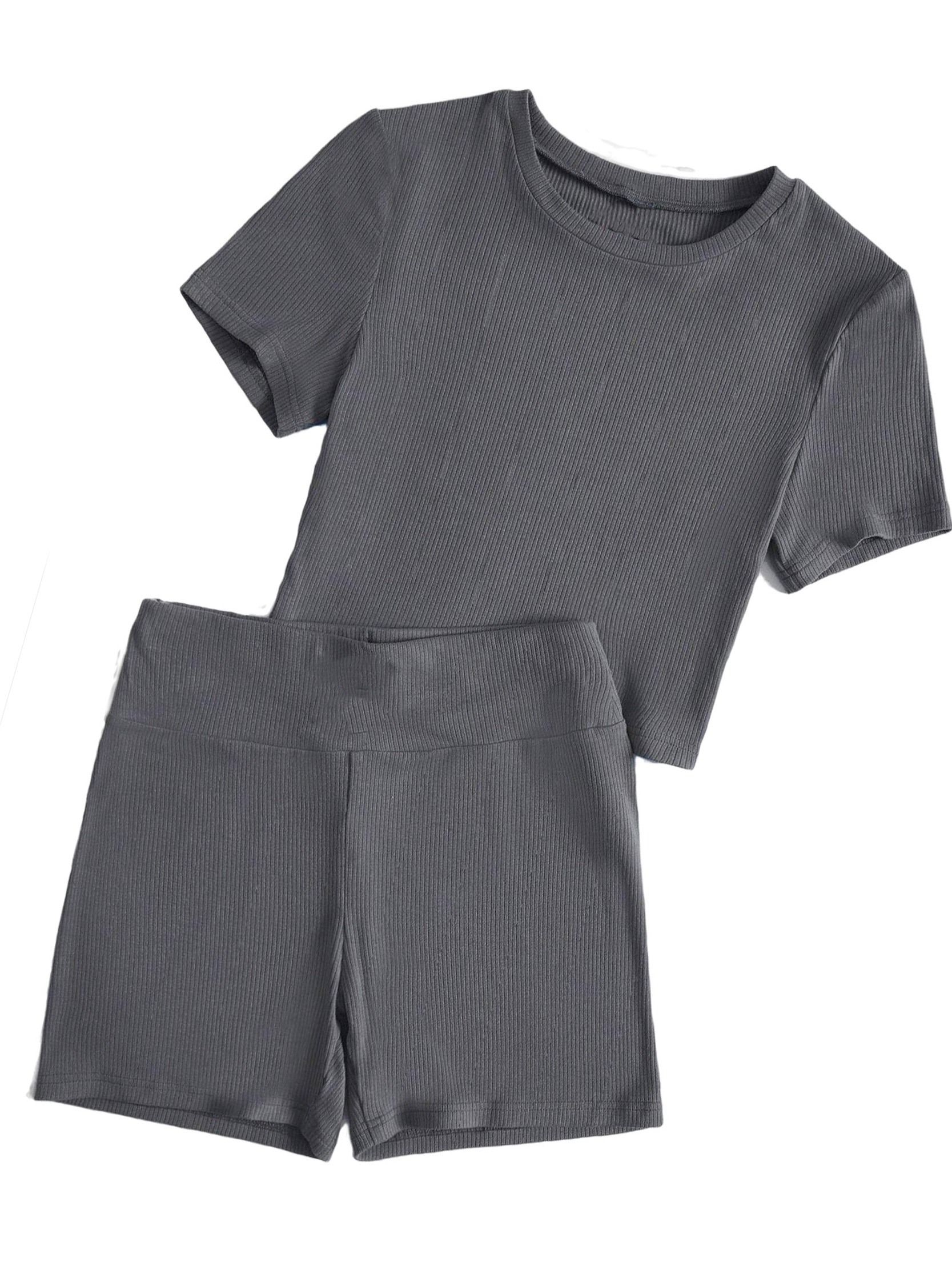 Casual Letter Print Round Neck Dark Grey Women Twopiece Outfits (Women