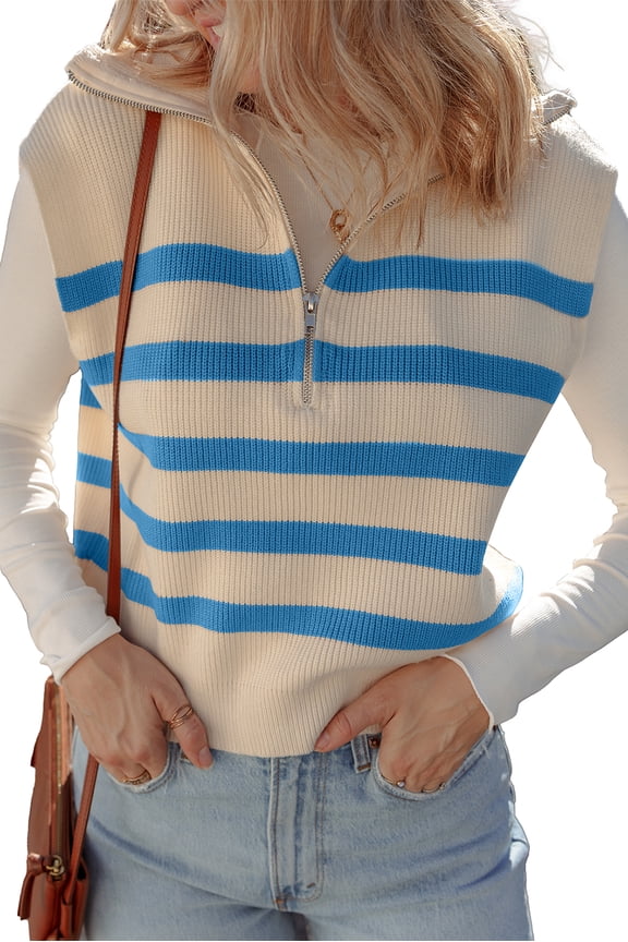 Casual Light Blue Ribbed Sweater Vest for Women – Stylish Half Zip Design for Daily Wear, L