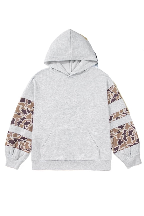 Casual Light Grey Camo Patchwork Hoodie for Plus Size Women – Hooded Shift Silhouette for Everyday Outings, 2X