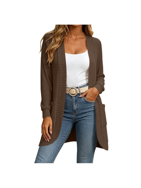Casual Lightweight Long Cardigan for Women, Beige Open Front Knit Duster Sweater with Pockets, Trendy Womens Cardigans for Fall Outfits, Coat Tops