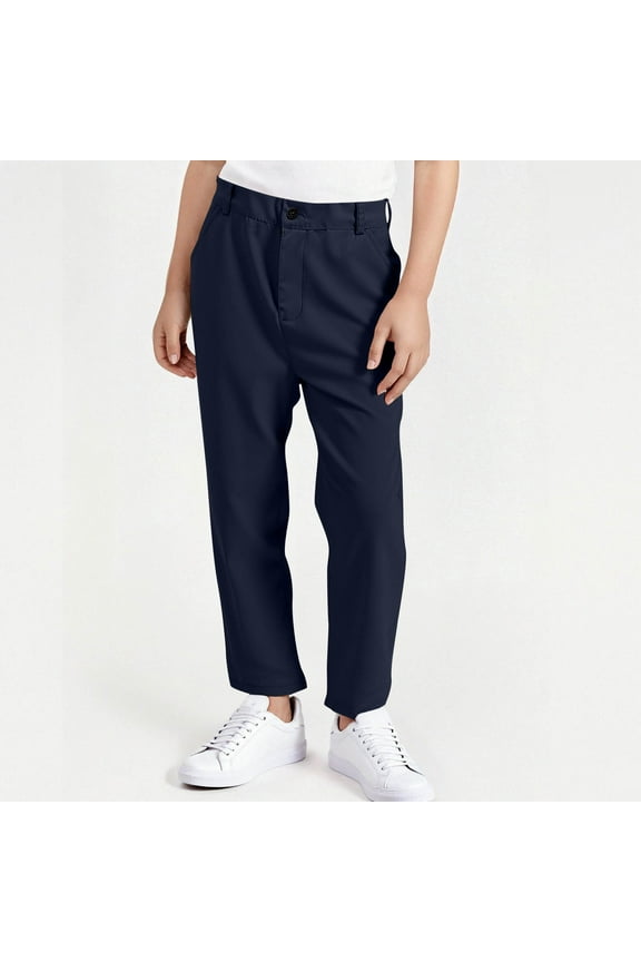 Casual Lightweight Loose Trousers Boy's School Uniform Pants, Flat Front & Twill Comfortable Dress Pants with Pockets Straight Leg Pull on Trousers Children Two Side Pockets Pants Navy 7-8Y