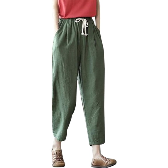 Casual Linen Baggy Capri Harem Pants for Women Tapered Wide Leg Joggers Drawstring Elastic Waist Cropped Trousers with Pocket