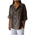 thumbnail image 1 of Casual Linen Blouses for Women Front Button V-Neck 3/4 Sleeve Shirts Oversized Solid Color Pullover Style N369 Summer Tees Tops New C-Brown 3XL, 1 of 6