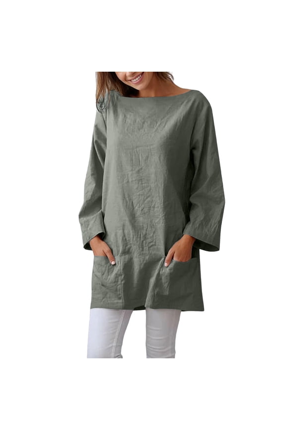 Casual Linen Boat Neck T Shirt Summer Long Sleeve Loose Solid Tunic Long Blouse Top With Pockets