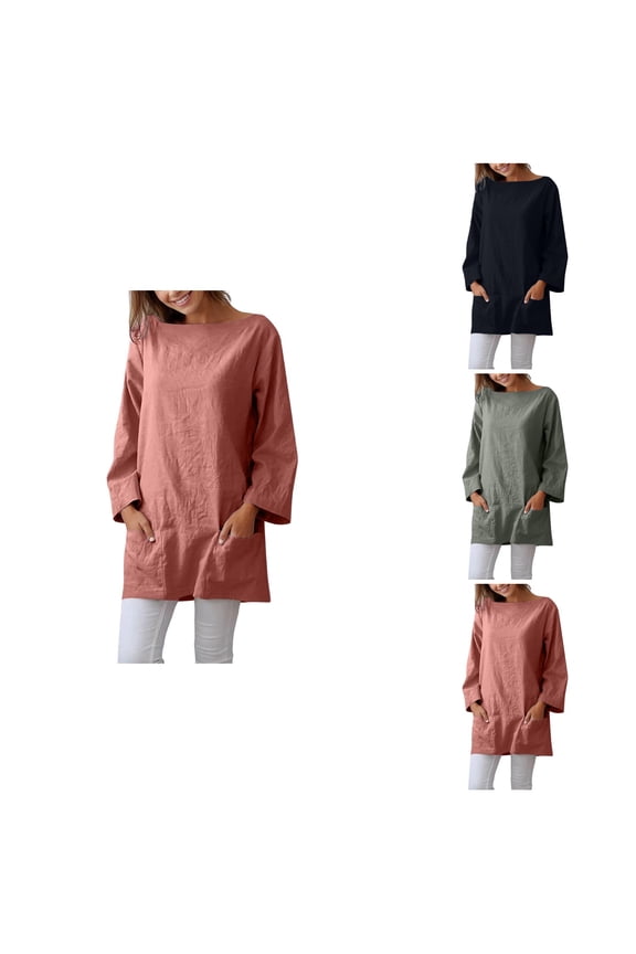 Casual Linen Boat Neck T-Shirt, Summer Long Sleeve Loose Solid Tunic Top with Pockets, Breathable Spring Blouse for Women