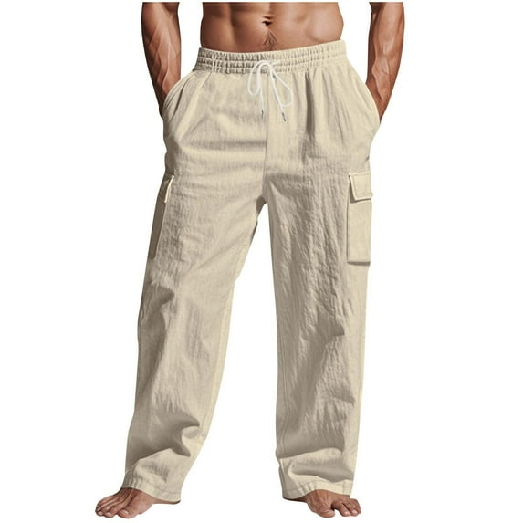 Casual Linen Cargo Pants for Mens Loose Fit Elastic Drawstring Waist Lightweight Straight-Legs Beach Yoga Summer Trousers